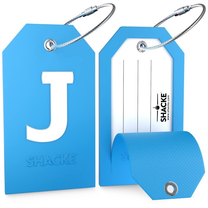 Shacke Initial Luggage Tag with Full Privacy Cover and Stainless Steel Loop - Aqua Teal (Letter J) - Image 2